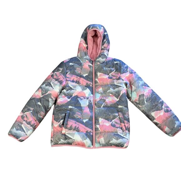 Eddie Bauer Down Puffer fleece Camo Pink Gray Reversible Jacket Girls 14/16 NWT - Picture 11 of 11